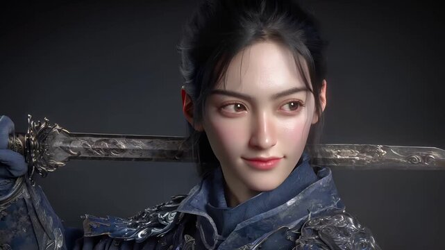 Fantasy wallpaper. A detailed digital artwork depicts a female warrior in a side profile. She holds a sword with intricate silver hilt and a blue, ornate garment with intricate patterns and designs.