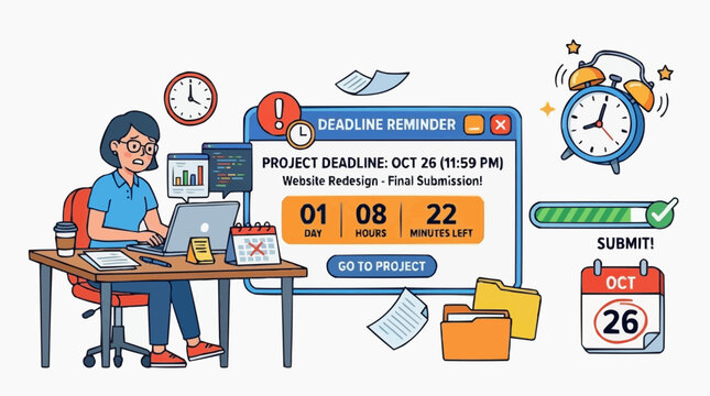 Deadline Reminder Illustration: A diligent graphic designer works intensely at her desk, surrounded by elements symbolizing an approaching project deadline, including a countdown timer, alarm clock.