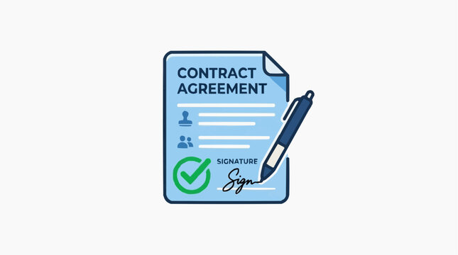 Contract Agreement Icon: A clean and modern icon representing a contract agreement, featuring a document with signature lines, a pen, and a green checkmark of approval.