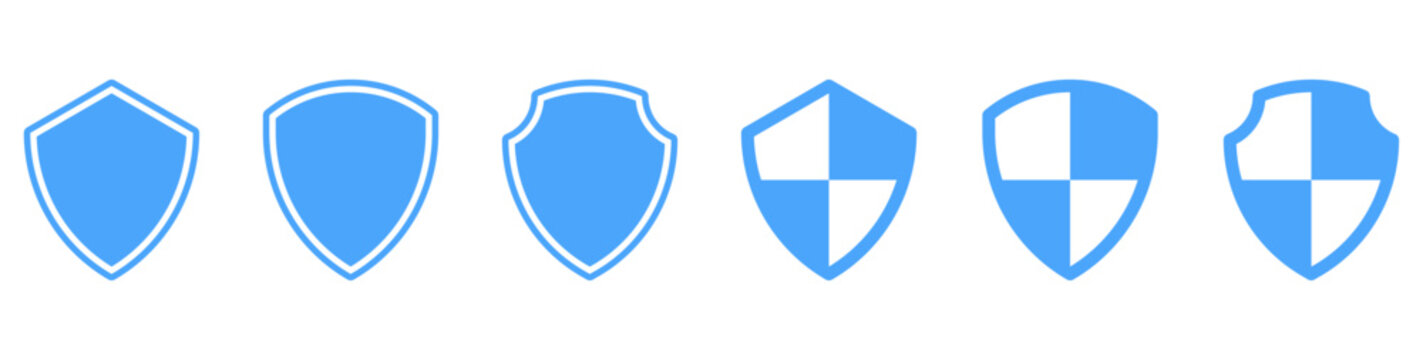 Blue Shield Security Badge Icon Collection : Blue shield icon collection with classic security shapes for protection, cybersecurity, defense, privacy, insurance, and trust visuals.