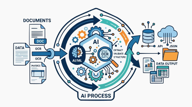 AI Process for Document Analysis: An illustration depicts the artificial intelligence process for extracting information from documents, showcasing data input, OCR, AI processing, and data output.