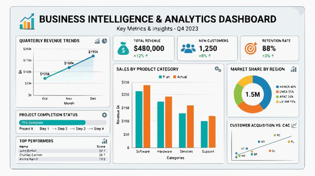 Business Intelligence Dashboard: A comprehensive dashboard displays key metrics and insights for Q4 2023, featuring charts for quarterly revenue trends, sales by product, market share.