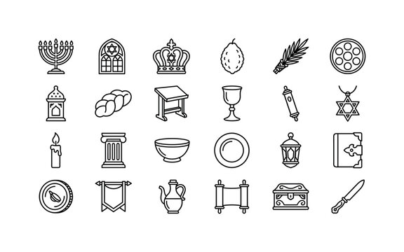 Hanukkah Faith Objects. Line icon set of Judaism: candle holder, synagogue window, Torah crown, etrog fruit, lulav branch, seder plate, havdalah spice box, braided bread, prayer stand, ritual cup,
