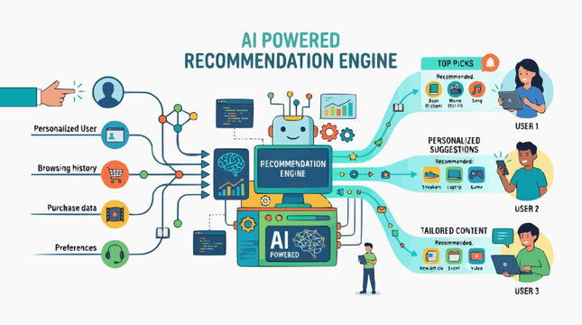 AI-Powered Recommendation Engine: An intricate infographic illustrating how an artificial intelligence engine processes user data, browsing history.