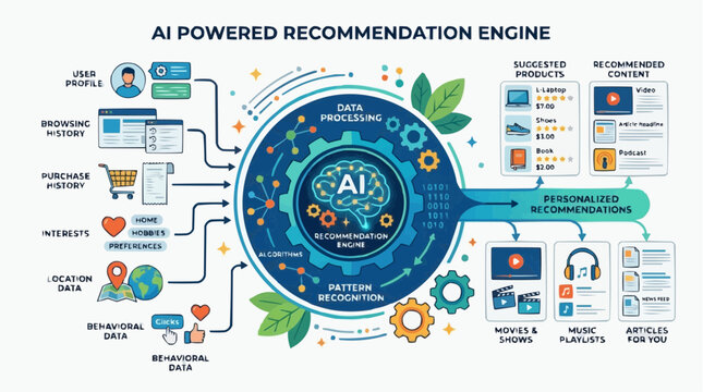 AI Powered Recommendation Engine: A visual representation of an artificial intelligence recommendation engine, illustrating data processing, user analytics, browsing history.
