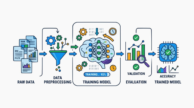 Machine Learning Process Explained: A clear and concise illustration detailing the step-by-step process of machine learning, from raw data input and preprocessing to model training, validation.