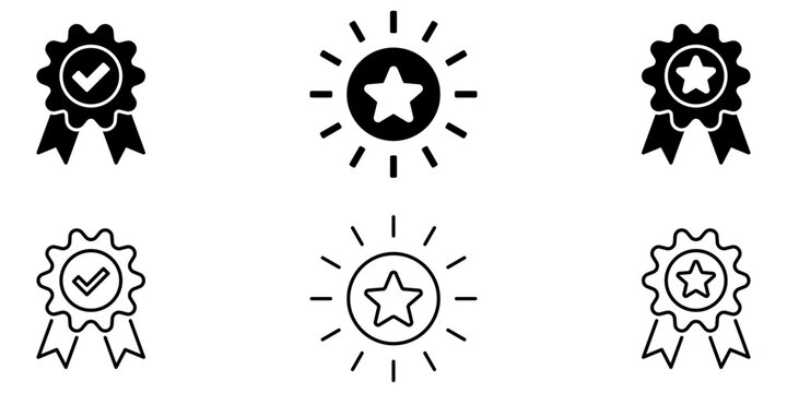 Award Badge and Quality Star Icon Collection : Award badge and quality star icon set featuring ribbon seals and highlight symbols for premium labels, ratings, trust, and certification.