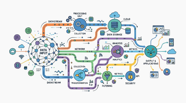 Data Flow Diagram: An intricate illustration visualizing the complex process of data input, collection, transformation, analytics, and application.