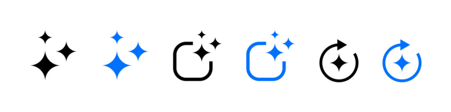 Blue Sparkle Refresh and Magic Icon Collection : Blue sparkle and refresh icon set with magic stars and circular marks for cleaning, enhancement, update, shine, and creative tools.