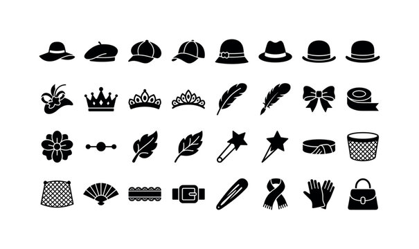 Elegant Hat Accessories. Solid glyph icon set of fashion icons with bow hat feather: wide brim hat, beret, cap, cloche hat, fedora, bowler hat, fascinator, crown, tiara, feather plume, satin bow,