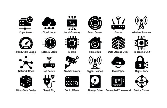 Edge Node Glyphs. Solid glyph icon set of edge computing and IoT systems: edge server, cloud node, local gateway, smart sensor, router, wireless antenna, bandwidth gauge, latency clock, AI chip, home