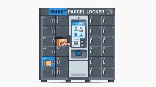 Smart Parcel Locker System: A modern smart parcel locker unit with multiple compartments, featuring a touchscreen interface and a hand depositing a package, ready for convenient delivery and pickup.
