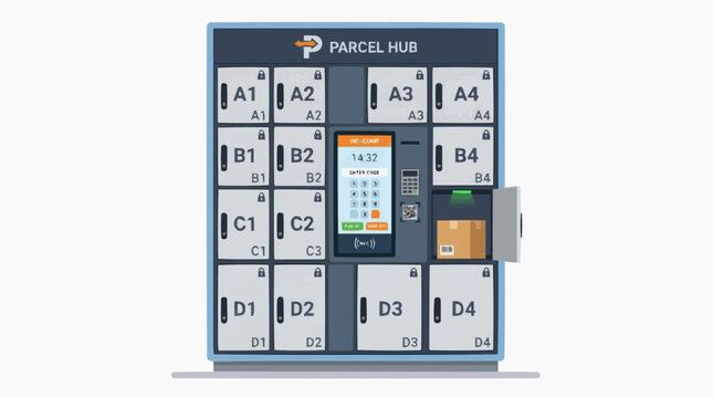Smart Parcel Locker System: A modern smart parcel locker unit, featuring multiple compartments, a digital touchscreen interface, and a secure deposit slot.