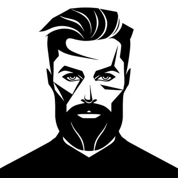 stylized monochrome illustration of a man with beard and pompadour, dramatic bold geometric shapes in high contrast vector style, sharp lines and facial