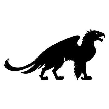mythical griffin silhouette with sharp claws and feathered crest, side-view monochrome vector in bold black and white style, set against a plain white