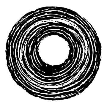 monochrome black and white circular abstract composition, minimalist close-up illustration with thick black lines and rough texture on isolated white background