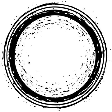 minimalist monochrome illustration with circular shape and splattered texture, in a bold black and white color scheme with thick lines