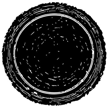 black circle with white lines, close-up minimalist illustration on rough scratched surface, monochrome black and white vector style, concentric circles on white