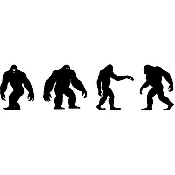 bigfoot silhouettes in various dynamic poses, minimalist vector set on plain white background, monochrome black and white style illustrations