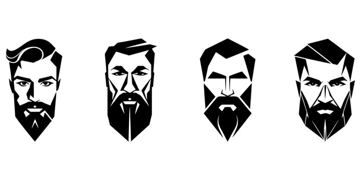 stylized men's faces with beards in monochrome black and white vector, minimalist geometric shapes on isolated white background, close-up silhouettes