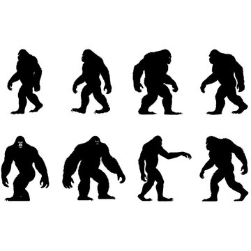 eight black bigfoot silhouettes walking in various poses, set on isolated white background in minimalist monochrome illustration style