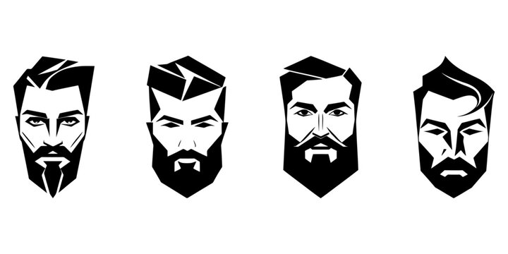 set of bold, angular geometric bearded man face badge logo icons in modern vector style, cinematic lighting, moody atmosphere