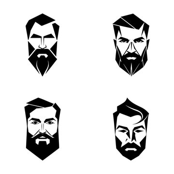 epic set of four minimalist black and white bearded men's profile faces, geometric vector portraits with dramatic cinematic