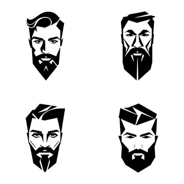 epic set of four minimalist black and white bearded male profiles in flat vector style, dramatic monochrome contrast