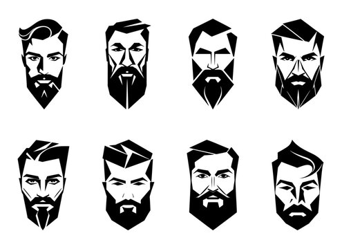 stylized geometric men's faces with beards, minimalist vector set, monochrome black and white, close-up