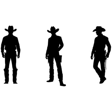 minimalist monochrome cowboy silhouettes set, various poses, black and white illustration on plain white background