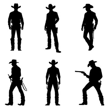 dramatic monochrome cowboy silhouettes in various bold poses, vector set on white background