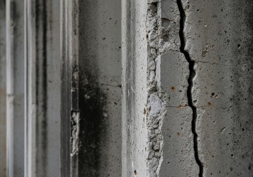 Deep vertical crack in a grey concrete pillar showing severe structural damage.
