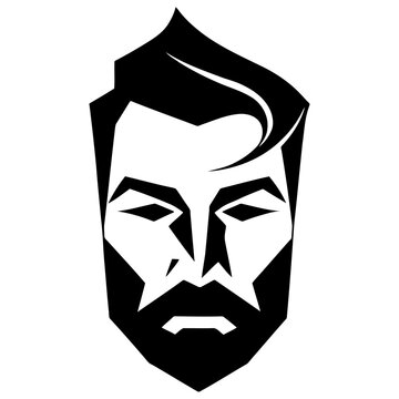 stylized monochrome vector portrait of a bearded man, dramatic bold geometric shapes in black and white, close-up abstract facial features