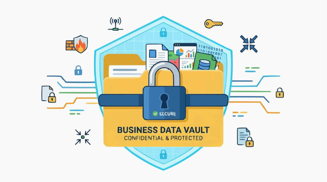 Secure Data Vault for Business: An illustration depicting a business data vault, symbolizing digital security and protection with a prominent padlock on a folder, surrounded by network lines.