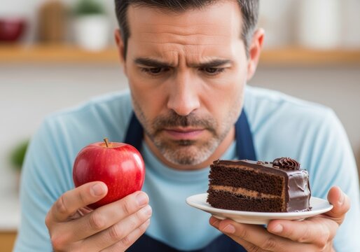Unhappy man holding a red apple and a chocolate cake feeling guilty about eating sweets.