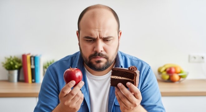 Overweight man holding a red apple and a cake deciding on his daily nutrition.