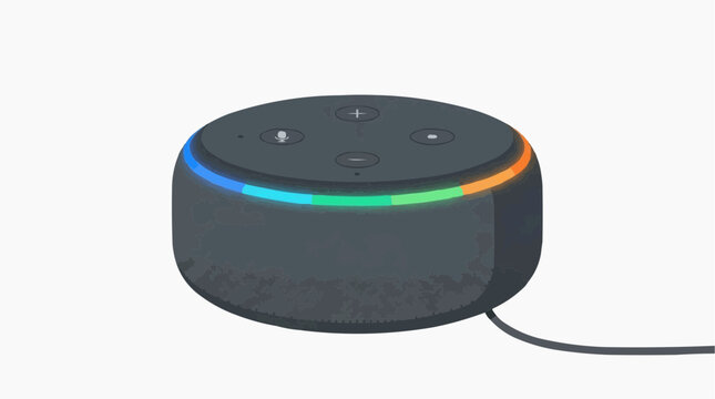 Smart Speaker Glow: A compact, modern smart speaker displaying a colorful LED light ring, connected by a discreet cable, symbolizing connectivity and innovation.