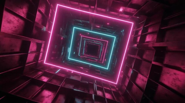 A futuristic neon-lit tunnel extends into the distance with pink and blue squares glowing brightly.