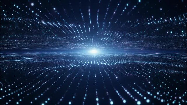 A bright light radiates through a dark blue space filled with sparkling particles and streaks of light.