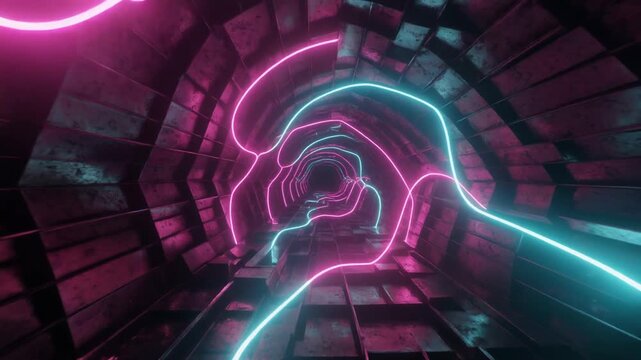 A futuristic tunnel with neon lights glows brightly in a dark abstract environment.