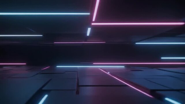 Neon lights illuminate a dark room with glowing lines on the floor and ceiling.