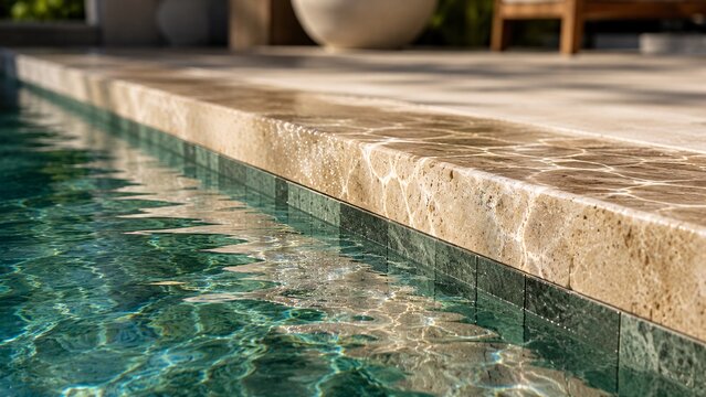Close-up of a luxurious beige marble swimming pool edge coping and water