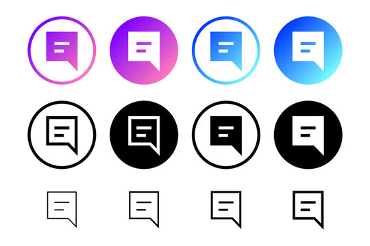 Gradient Comment Message Button Icon Set : Comment message button icons with gradient, filled, and outline variants for discussion, feedback, replies, notifications, and community.