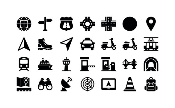 Journey Marker Icons. Solid glyph icon set of maps and navigation: globe, street corner, highway shield, roundabout, crossroad, waypoint dot, navigation arrow, hiking boot, trail marker, taxi,