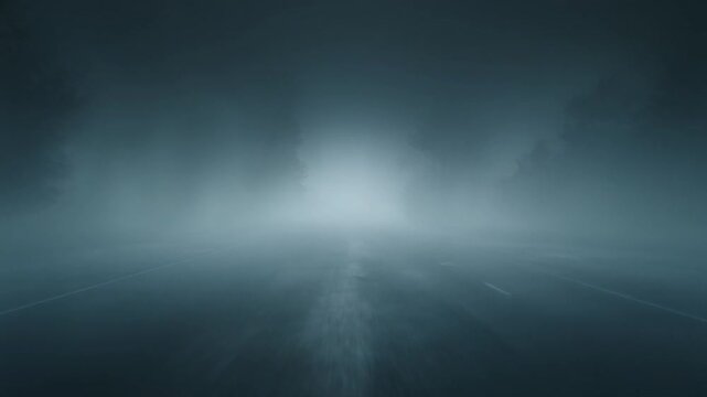 A bright light shines through the dark fog on a road at night