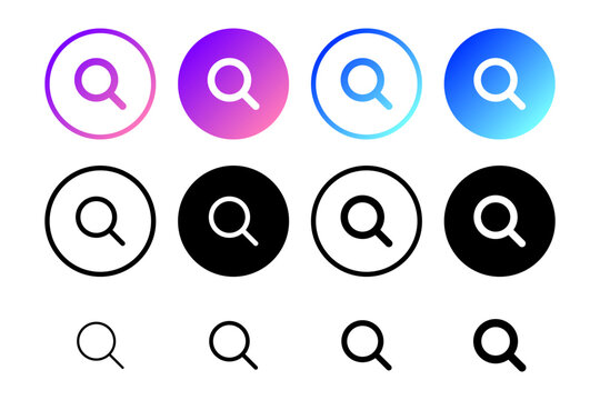 Gradient Search Explore Button Collection : Search and explore button icons in gradient, solid, and outline styles for discovery, browse, magnify, find, and application navigation.