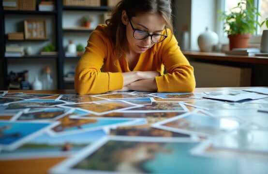 Woman in yellow shirt looks at scattered travel photos on table. She organizes pictures, planning trip or reliving memories. Contemplative mood, focus on details.