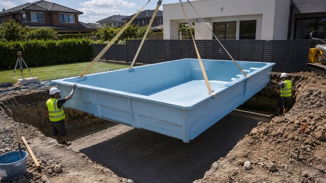 Construction crane lifting a blue fiberglass swimming pool shell into a backyard