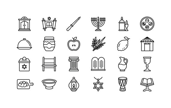 Synagogue Holiday Set. Line icon set of Judaism and Jewish culture: ark cabinet, scroll crown, yad pointer, menorah candle, havdalah spice box, seder plate, matzah cover, honey jar, apple slice, lulav