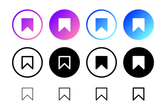 Gradient Save Bookmark Button Collection : Bookmark save icon button set in gradient, solid, and outline styles for favorites, saved items, reading lists, and app interface actions.